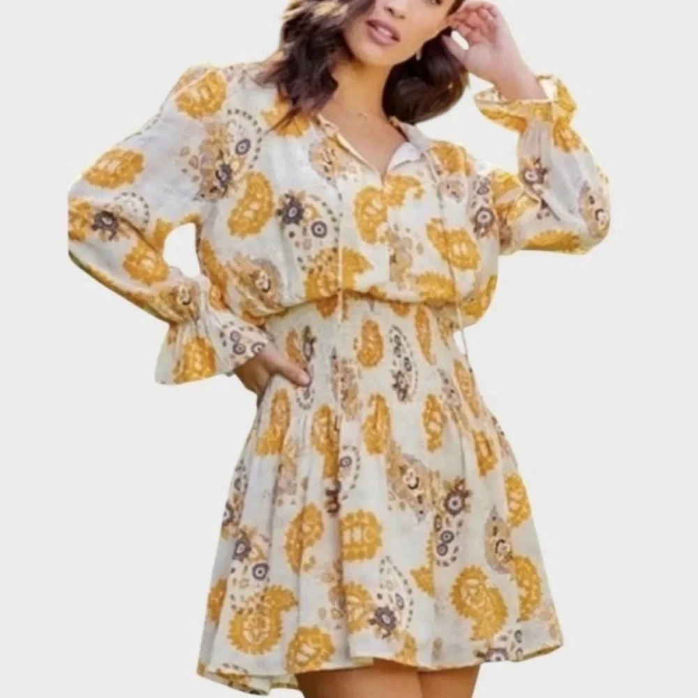 Anthropologie Bishop + Young Marmot Mini Dress Size S Paisley Smocked Waist - Picture 1 of 13